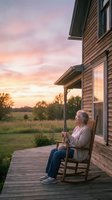 Senior Caucasian woman relaxing in wooden rocking chair on farmhouse porch during golden hour sunset with pastoral countryside view for retirement lifestyle.