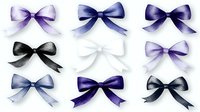 Watercolor collection of elegant bows in purple, navy blue, and black shades on white background, isolated design elements for festive decoration and gift wrapping.