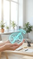 Hands holding glowing compass hologram with purpose direction text in bright office workspace with plants and windows, representing business strategy and goal setting.