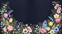 Dark floral frame with spring flowers, tulips, butterflies and golden leaves on navy background for wedding invitations and greeting cards.