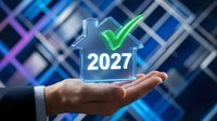 Businessman hand holding glowing house icon with checkmark and 2027 text on digital blue background for future real estate investment and property development concepts.