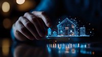 Futuristic holographic smart home projection with glowing blue buildings and digital elements floating above hand in dark environment with bokeh lights.