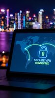 Laptop displaying secure VPN connection interface with glowing padlock and world map against blurred neon cityscape at night, representing cybersecurity and global network protection.