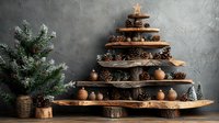 Rustic wooden shelves arranged as Christmas tree with pine cones, walnuts and natural decorations on gray textured wall background for holiday decor.