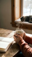 Cozy reading moment with steaming tea cup held by person in warm sweater at wooden desk near window with cat resting on sill.