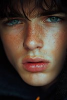 Close-up portrait of young Caucasian woman with striking blue eyes, freckled skin and natural beauty. Studio lighting highlights facial features and texture.
