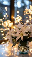 White lilies in blue glass vase against glowing bokeh lights background creating magical atmosphere for romantic occasions and holiday celebrations.
