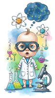 Cartoon baby scientist in lab coat with glasses surrounded by chemistry equipment, microscope, atoms and constellation thought bubble on watercolor background.