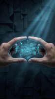 Male hands cupping glowing digital network interface with connected icons and circuit patterns, representing cybersecurity, data protection, and technology innovation for business solutions.