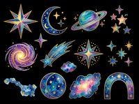 Celestial and space-themed isolated design elements on transparent background. Includes stars, moons, planets, galaxies, and cosmic symbols. Ready for t-shirts, clipart, stickers, sublimation, and print-on-demand projects.