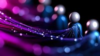 Abstract flowing wave with glowing particles and bokeh lights in purple and blue colors on dark background for modern digital design projects.