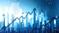 Dynamic financial chart showing upward trend with blue glowing arrows and city skyline silhouette, perfect for business growth, investment analysis and economic forecasts.