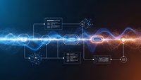 Digital technology network with glowing data flow and circuit elements on dark gradient background for tech presentations and modern design projects.