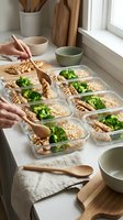 Meal prep containers with grains, broccoli and protein arranged in glass storage boxes, hands holding wooden spoon over prepared food portions for weekly planning.