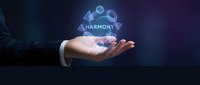 Businessman hand holding glowing harmony symbol with geometric icons on dark background, representing balance, unity and interconnected business solutions.
