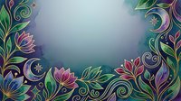 Ornamental floral frame with blooming flowers, swirling vines, and decorative leaves in vibrant pink, purple, and green tones on gradient background. Isolated design element suitable for invitations, greeting cards, and digital projects.