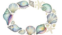 Watercolor seashells and starfish frame with empty center space isolated on white background for marine themed designs and coastal decorations.