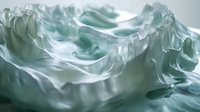 Ethereal waves of translucent mint green and white create abstract flowing forms, evoking glacial ice formations and organic movement in soft pastel tones.