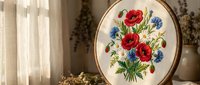 Embroidery hoop with red poppies and blue cornflowers floral design on fabric, traditional needlework craft displayed in rustic home interior setting.