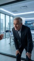 Senior businessman of Caucasian ethnicity examining futuristic smart glasses in modern high-tech office with city skyline view, representing innovation, technology adoption, and corporate advancement.