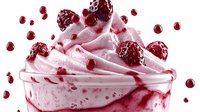 Creamy pink frozen yogurt swirled in glass bowl topped with fresh raspberries and red fruit sauce, bright dessert against white background.