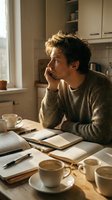 Young Caucasian man in sweater reading books at kitchen table with coffee cups, studying or working from home in warm morning light.