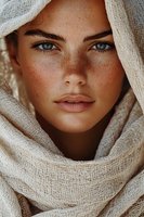 Close-up portrait of young woman with freckles and blue eyes wrapped in cream colored textured scarf, natural makeup and soft lighting creates ethereal mood.
