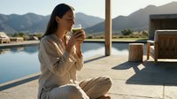 Woman of East Asian descent in casual beige linen clothing sitting on a modern poolside deck, holding a glass of white wine, overlooking a serene infinity pool with mountain landscape backdrop.