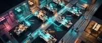 Modern office building aerial view showing open workspace layout with glowing network connections linking workstations and collaborative areas at night.