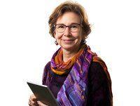 Professional mature Caucasian businesswoman with glasses and colorful scarf holding tablet computer isolated on white background for corporate design.