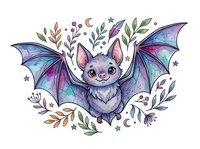 Cute bat with spread wings surrounded by botanical elements, stars, and moon on white background. Isolated artwork suitable for children's designs, apparel, stickers, and nursery decor.