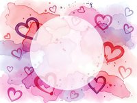 Romantic watercolor background with hearts and circular frame in pink and purple tones for Valentine's Day cards, wedding invitations and love-themed designs.