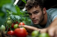 Young Caucasian male farmer examining fresh tomatoes growing in greenhouse, checking crop quality and ripeness during harvest season. Sustainable agriculture.