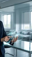 Businessman in dark suit holding smartphone displaying holographic financial charts and market growth data in modern office with bright windows.