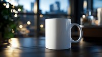 White ceramic coffee mug mockup on dark wooden table with blurred city lights and bokeh background, evening atmosphere for product placement and branding.
