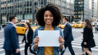 Young African American woman smiling and holding blank white sign on busy urban street, copy space for business, marketing, or announcement use.