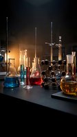 Laboratory glassware with colorful chemical solutions and molecular models on dark background for scientific research and education.