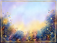 Festive night celebration with golden fireworks bursting over illuminated cityscape, decorative swirls and ornamental frame border. Suitable for holiday cards, event invitations, New Year greetings.