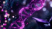 Glowing purple DNA helix structure with sparkles and bokeh effects on dark background, representing genetic research and biotechnology advancement.