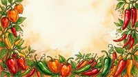 Colorful peppers and chili plants with green leaves frame a warm, blurred background, creating a fresh produce border design suitable for food packaging, recipe cards, and culinary marketing materials.