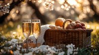 Romantic picnic setting with champagne glasses and wicker basket filled with fruits on grass at sunset, surrounded by white flowers and golden bokeh background.