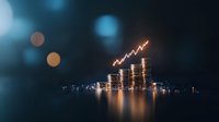 Glowing neon arrow rises above stacked coins on reflective surface against dark background with bokeh lights, representing financial growth and success.