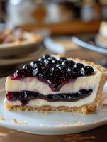 Creamy cheesecake slice topped with fresh blueberry compote on flaky graham cracker crust, served on white plate. Rich layers of vanilla filling swirled with purple berry sauce.