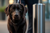 Brown chocolate Labrador retriever dog sitting outdoors on urban street with owner holding leash, pet care and companionship concept.