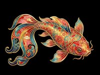 Ornate koi fish with decorative patterns in red, gold, and teal colors, isolated on transparent background. Ready for t-shirts, stickers, clipart, and print-on-demand designs.