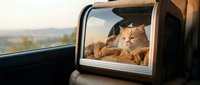 Ginger tabby cat looking out car window during travel, enjoying scenic countryside view from vehicle interior on sunny day.