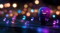 Smiling microphone character with glowing musical notes floating in dark background illuminated by colorful bokeh lights creating magical atmosphere for music concept.