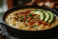 Creamy baked eggs with crispy bacon bits and fresh avocado slices in cast iron skillet, garnished with herbs for hearty breakfast or brunch meal.