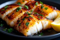 Grilled cod fillets seasoned with herbs and spices, garnished with fresh parsley and lemon on black plate, close up view showing caramelized surface texture.