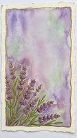 Watercolor lavender flowers on textured paper background with purple and green washes, rustic botanical frame for wedding invitations and stationery designs.
